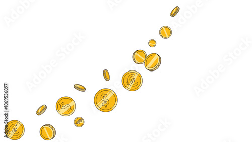 Golden coins flying in a curve against a white background, Generative AI.