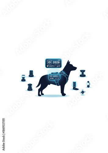Smart Pet Technology Silhouette with Holographic ID. Dog Wearing Future Wearable Tracker for 2026 Pet Care and Animal Wellness Concept Vector Illustration.