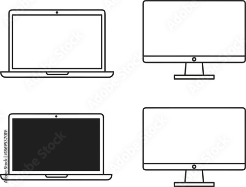 Laptop and desktop computer monitor outline icon set with blank screens for digital device mockups and web design responsive interface presentation.