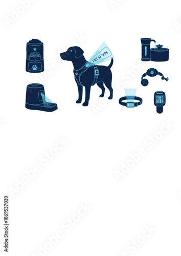 Smart Pet Technology Silhouette with Holographic ID. Dog Wearing Future Wearable Tracker for 2026 Pet Care and Animal Wellness Concept Vector Illustration.