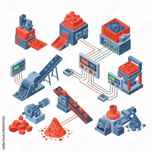 Isometric Mining and Ore Processing Plant with Conveyor Belts and Industrial Equipment.