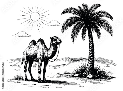 Hand drawn line art illustration of a camel and palm tree depicting a desert landscape for travel and adventure