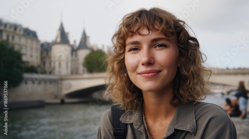 Soft-smiling curly-haired brunette woman with bangs wearing grey shirt, posing for close-up headshot with warm and approachable vibe.