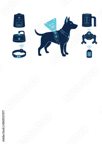 Smart Pet Technology Silhouette with Holographic ID. Dog Wearing Future Wearable Tracker for 2026 Pet Care and Animal Wellness Concept Vector Illustration.