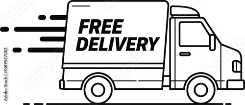 Minimalist free delivery truck line icon featuring motion speed lines for express shipping logistics and promotional e-commerce distribution services on white background.