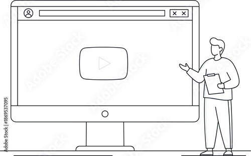 Minimalist line art vector illustration of a man presenting online video content on a desktop computer monitor for e-learning and digital marketing.