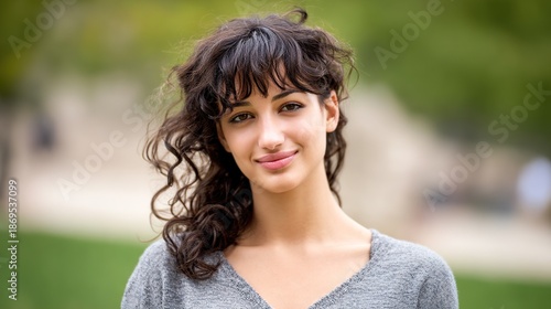 Soft-smiling curly-haired brunette woman with bangs wearing grey shirt, posing for close-up headshot with warm and approachable vibe.