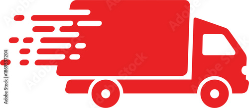 Red fast delivery truck icon with motion speed lines representing quick shipping express distribution and efficient logistics services for e-commerce business.