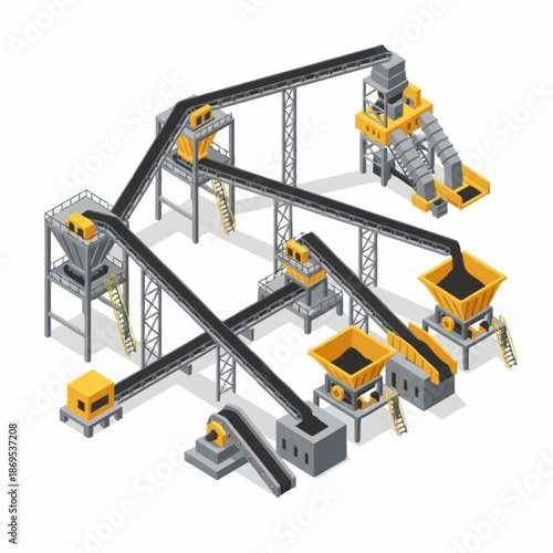 Isometric Mining and Quarrying Plant with Conveyor Belts and Processing Equipment.