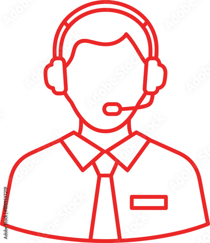 Red line icon of a professional male customer service representative with headset and tie for corporate help desk and virtual assistant support services.