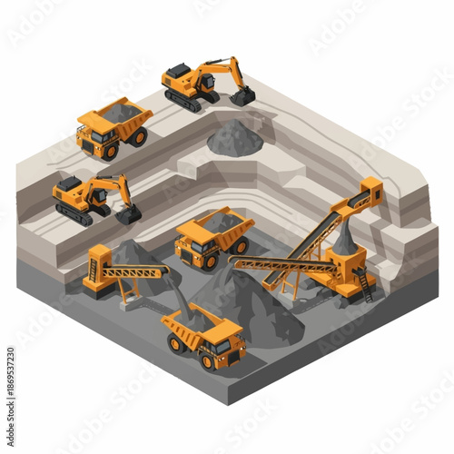 Isometric Mining Quarry with Heavy Equipment and Dump Trucks.