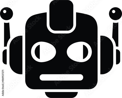 Minimalist black robot head silhouette icon representing artificial intelligence cyborg technology and futuristic automation systems in a flat vector style.