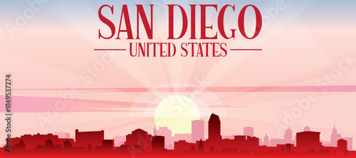 Blue panoramic poster of the city skyline with misty background buildings and clouds of SAN DIEGO, UNITED STATES