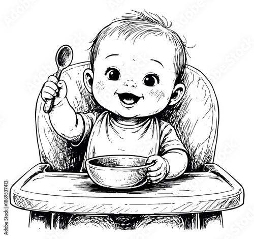 Hand drawn illustration of a happy baby depicting eating from a bowl with a spoon for baby food