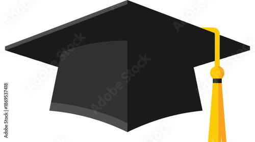 Single flat vector illustration of a black graduation cap with a yellow gold tassel isolated on a white background for education design.