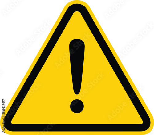 Yellow warning sign with black exclamation mark in a triangle frame for safety alerts hazard notification and caution symbols on white background.