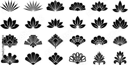 Art deco fan and lotus ornament set, geometric vintage decorative shapes, luxury black vector collection design