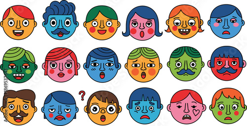 Cartoon faces with various emotions and expressions in different colors colorful