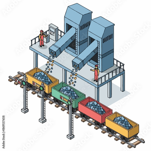 Isometric view of a coal loading station with train cars being filled by industrial hoppers and workers overseeing the operation.