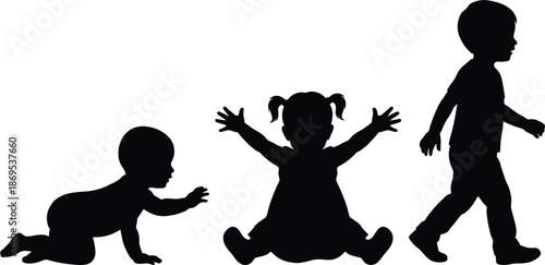 Baby growth stages silhouette, child development progression, toddler milestones concept, infant crawling sitting walking sequence, childhood evolution timeline illustration,