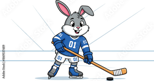 Cartoon gray rabbit in blue hockey uniform playing ice hockey on rink blue uniform