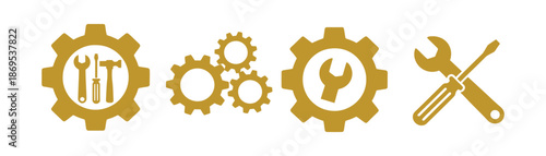 Crossed wrench and screwdriver with gear tools repair. Editable stroke vector illustration for web, app UI, user interface, tools, technology, engineering.