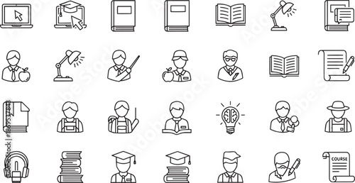 Online Education and Academic Learning Line Icon Set with Student and School Symbols