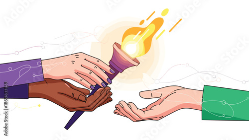 Hands passing a flaming torch symbolizing unity and progress, Generative AI.