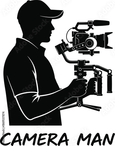 Cameraman silhouette operating professional camera stabilizer gimbal for videography, filmmaking, video production, media content creation illustration