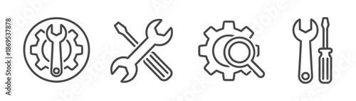 Crossed wrench and screwdriver with gear tools repair. Editable stroke vector illustration for web, app UI, user interface, tools, technology, engineering.