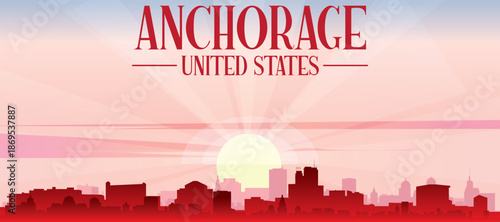 Blue panoramic poster of the city skyline with misty background buildings and clouds of ANCHORAGE, UNITED STATES