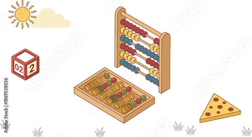 Colorful isometric children math learning illustration, abacus counting toys, numbers education, playful school concept, early childhood STEM practice, creative flat design background,