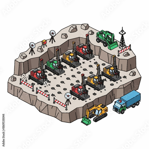 Isometric view of a vibrant cartoon construction site with various drilling machines and support vehicles.