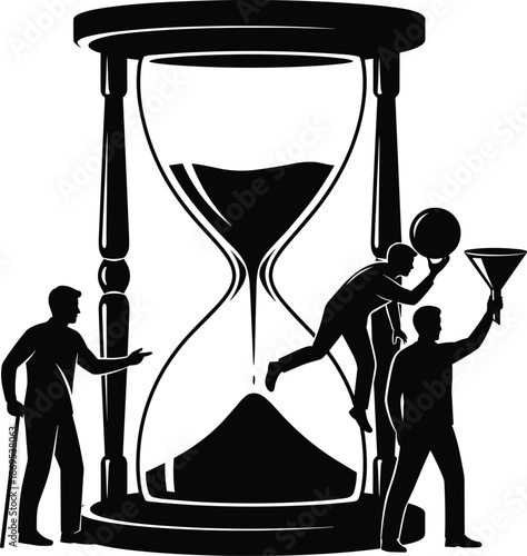 Concept of time management and aging featuring silhouettes of men interacting with a giant hourglass, mortality, deadline pressure, and life stages vector illustration