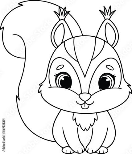 Cartoon squirrel with big eyes and bushy tail black and white line