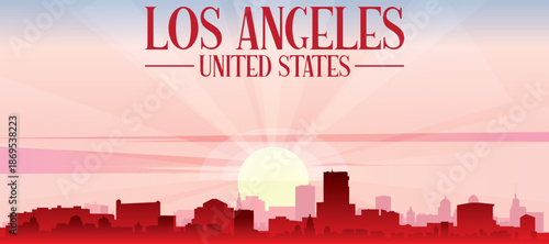 Blue panoramic poster of the city skyline with misty background buildings and clouds of LOS ANGELES, UNITED STATES