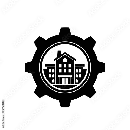 Black Gear with Building Icon Inside.