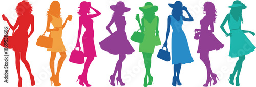 Colorful silhouettes of women in dresses and hats