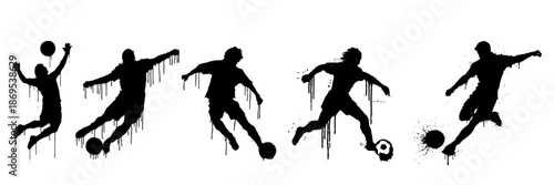 Set of grunge soccer and football graffiti icons with spray paint drips and distressed textures