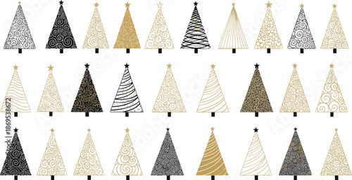 Gold and black Christmas trees with various patterns on white background