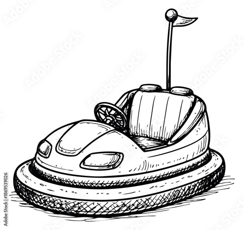 Hand drawn line art illustration of a bumper car depicting a fun ride for carnival entertainment