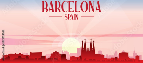 Blue panoramic poster of the city skyline with misty background buildings and clouds of BARCELONA, SPAIN