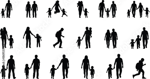 Family silhouette collection showing parents and children walking holding hands together isolated on white background, love, care, bonding concept