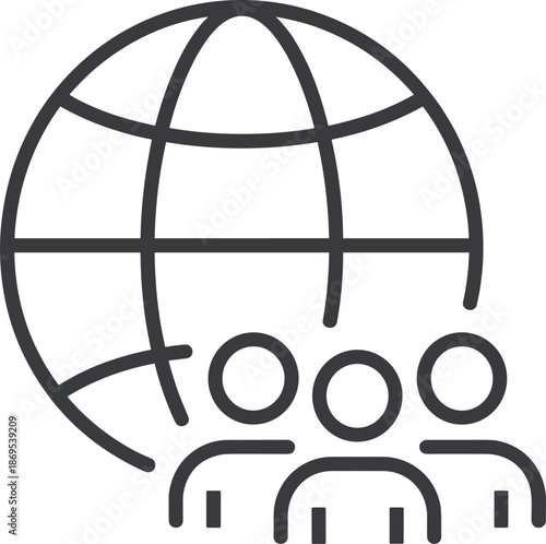 Vector line icon of global community, world planet with people group, international team network symbol, social media connection, web user outline.