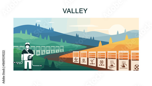Man in uniform standing next to a series of panels with icons, Generative AI.