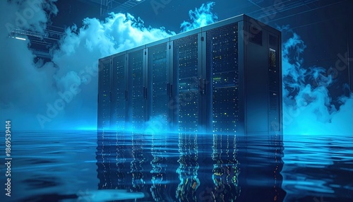 Futuristic Server Rack Illuminated by Blue Light in a Misty Digital Landscape.