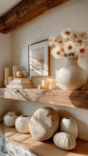 Rustic Wooden Console Cabinet with Floating Shelves and Lush Houseplants – Modern Boho Interior