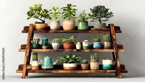 Rustic Wooden Console Cabinet with Floating Shelves and Lush Houseplants – Modern Boho Interior