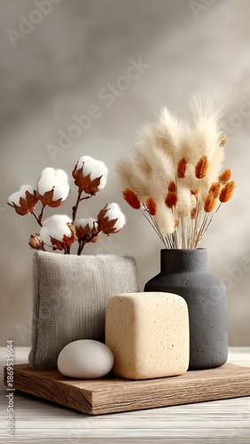 Minimalist Still Life with Cotton Bolls, Pampas Grass and Ceramic Vases – Boho Neutral Decor