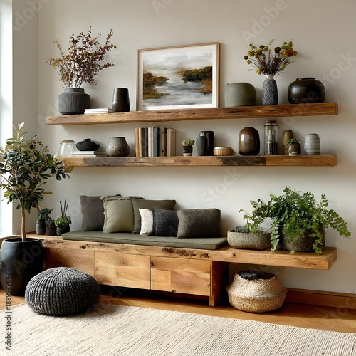 Rustic Wooden Console Cabinet with Floating Shelves and Lush Houseplants – Modern Boho Interior